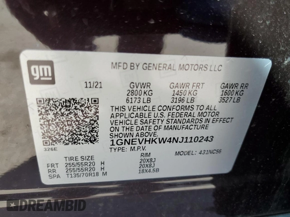 2022 Chevrolet Traverse LT Leather with VIN 1GNEVHKW4NJ110243, listed as a Copart auction lot 46263463 with 15,681 mi miles. Bid and sale history available at carsss.com. Image 13.