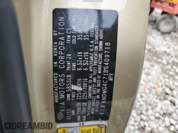 2011 Kia Sedona LX with VIN KNDMG4C71B6409718, listed as a Copart auction lot 55309365 with 307,610 mi miles and Salvage Title. Bid and sale history available at carsss.com. Image 13.