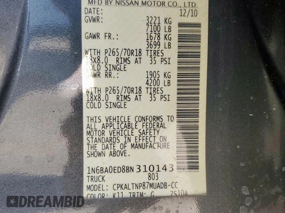 2011 Nissan Titan SV with VIN 1N6BA0ED8BN310143, listed as a Copart auction lot 46824825 with 169,356 mi miles and Salvage Title. Bid and sale history available at DreamBid. Image 12.