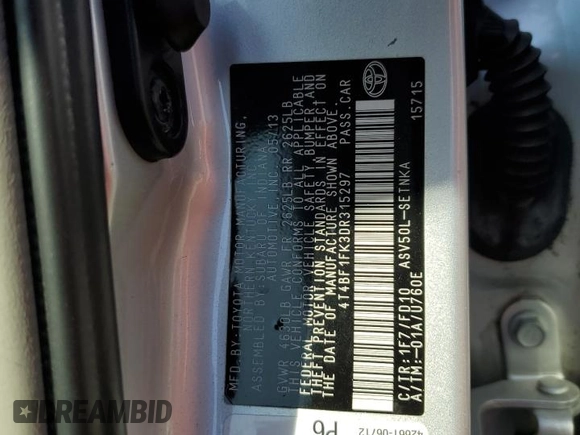 2013 Toyota Camry L with VIN 4T4BF1FK3DR315297, listed as a Copart auction lot 51053135 with 191,324 mi miles and Salvage Title. Bid and sale history available at carsss.com. Image 15.