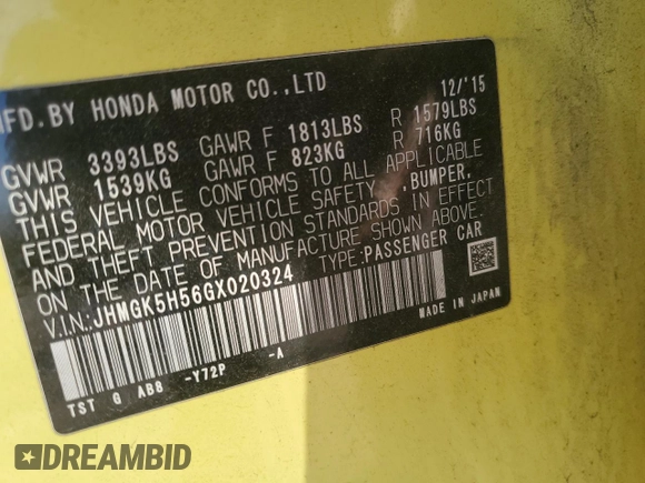 2016 Honda Fit LX with VIN JHMGK5H56GX020324, listed as a Copart auction lot 51052735 with 142,424 mi miles and Salvage Title. Bid and sale history available at carsss.com. Image 15.