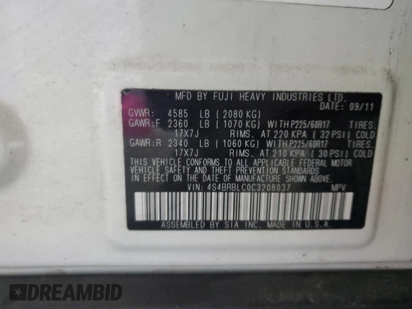 2012 Subaru Outback Limited with VIN 4S4BRBLC0C3208037, listed as a Copart auction lot 57878655 with 193,282 mi miles and Salvage title. Bid and sale history available at DreamBid. Image 12.