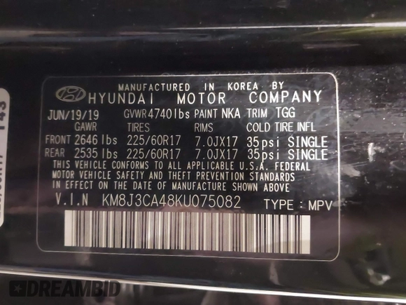 2019 Hyundai Tucson Value z VIN KM8J3CA48KU075082, wystawiony jako IAAI lot #42105673 z przebiegiem 43 052 mil mil oraz . Historia ofert i sprzedaży dostępna na DreamBid. Obrazek 9.