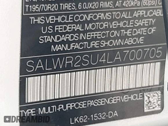 2020 Land Rover Range Rover Sport HSE with VIN SALWR2SU4LA700705, listed as a IAAI auction lot 42505450 with 45,547 mi miles and . Bid and sale history available at DreamBid. Image 9.