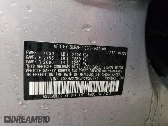 2022 Subaru Legacy Limited z VIN 4S3BWAN63N3026771, wystawiony jako Copart lot #45343315 z przebiegiem 10 563 mil mil oraz Nie do naprawy • Non repairable. Historia ofert i sprzedaży dostępna na DreamBid. Obrazek 12.