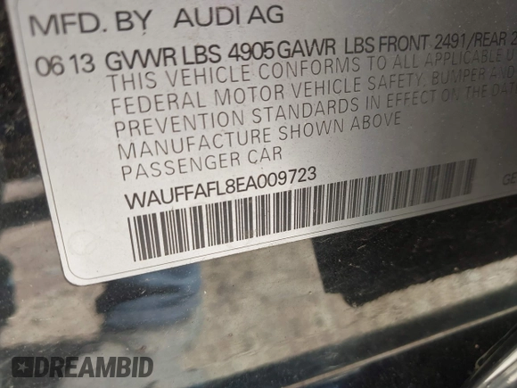 2014 Audi A4 Premium Plus with VIN WAUFFAFL8EA009723, listed as a IAAI auction lot 42651671 with 182,280 mi miles and . Bid and sale history available at DreamBid. Image 9.