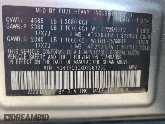 2013 Subaru Outback Premium with VIN 4S4BRCBCXD3261255, listed as a Copart auction lot 66804995 with 177,055 mi miles and Clean title. Bid and sale history available at DreamBid. Image 13.