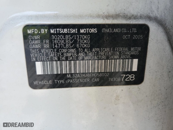2015 Mitsubishi Mirage DE with VIN ML32A3HJ8FH058102, listed as a Copart auction lot 49306855 with 83,994 mi miles and Clean Title. Bid and sale history available at carsss.com. Image 12.