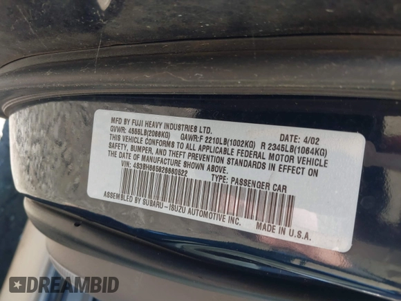 2002 Subaru Legacy Outback with VIN 4S3BH665826660522, listed as a IAAI auction lot 42813113 with 169,773 mi miles and . Bid and sale history available at DreamBid. Image 9.