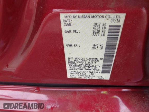 2016 Nissan Altima SL with VIN 1N4AL3AP1GC264898, listed as a IAAI auction lot 42093306 with 115,429 mi miles and . Bid and sale history available at carsss.com. Image 9.