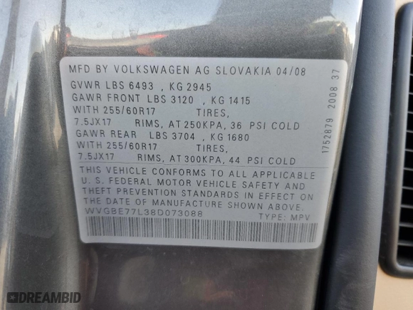 2008 Volkswagen Touareg 2 V6 with VIN WVGBE77L38D073088, listed as a Copart auction lot 76952514 with NaN miles and Clean Title. Bid and sale history available at carsss.com. Image 13.