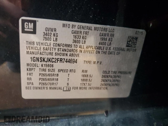 2015 Chevrolet Suburban LT z VIN 1GNSKJKC2FR744694, wystawiony jako Copart lot #56769735 z przebiegiem 125 944 mil mil oraz Szkoda całkowita • Salvage title. Historia ofert i sprzedaży dostępna na DreamBid. Obrazek 14.