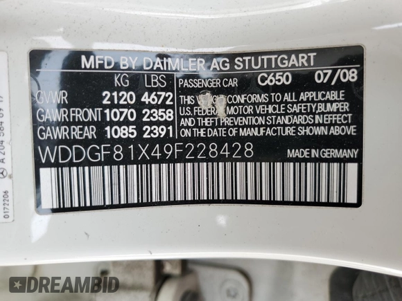 2009 Mercedes-Benz C 300 Sport z VIN WDDGF81X49F228428, wystawiony jako Copart lot #51163035 z przebiegiem 91 227 mil mil oraz Szkoda całkowita • Salvage title. Historia ofert i sprzedaży dostępna na DreamBid. Obrazek 15.