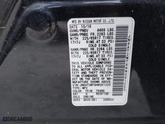 2017 Nissan Rogue SL with VIN JN8AT2MT8HW381203, listed as a IAAI auction lot 41868409 with 89,548 mi miles. Bid and sale history available at carsss.com. Image 9.