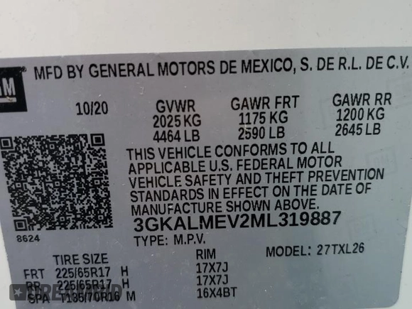 2021 GMC Terrain SLE with VIN 3GKALMEV2ML319887, listed as a Copart auction lot 59270305 with 36,338 mi miles and Salvage title. Bid and sale history available at DreamBid. Image 13.