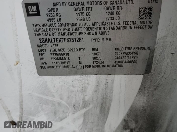 2015 GMC Terrain SLT with VIN 2GKALTEK7F6257281, listed as a Copart auction lot 49139715 with 198,555 mi miles and Clean title. Bid and sale history available at DreamBid. Image 13.