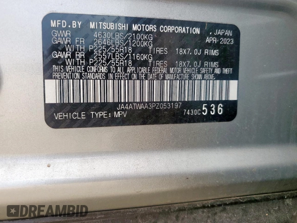 2023 Mitsubishi Eclipse Cross SE with VIN JA4ATWAA3PZ053197, listed as a Copart auction lot 59697995 with 22,097 mi miles and Salvage title. Bid and sale history available at DreamBid. Image 14.