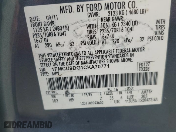 2012 Ford Escape XLT с VIN 1FMCU9DG1CKA70771, выставлен на аукционе Copart как лот 63421665 с пробегом 431 000 миль миль и Чистый • Clean title. История ставок и продаж доступна на DreamBid. Изображение 13.