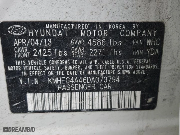 2013 Hyundai Sonata Hybrid Limited with VIN KMHEC4A46DA073794, listed as a Copart auction lot 50593755 with 248,028 mi miles and Salvage Title. Bid and sale history available at carsss.com. Image 12.