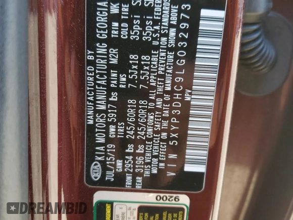 2020 Kia Telluride EX with VIN 5XYP3DHC9LG032973, listed as a Copart auction lot 54496785 with 85,188 mi miles and Salvage title. Bid and sale history available at DreamBid. Image 13.