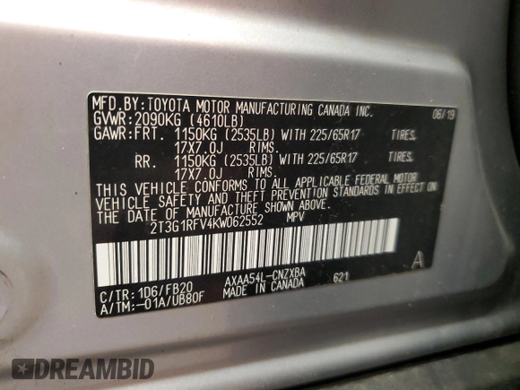 2019 Toyota RAV4 LE with VIN 2T3G1RFV4KW062552, listed as a Copart auction lot 54140175 with 75,770 mi miles and Non Repairable. Bid and sale history available at DreamBid. Image 12.