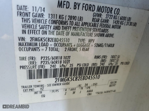 2014 Ford Flex SEL with VIN 2FMGK5C82EBD45510, listed as a Copart auction lot 48951795 with 119,038 mi miles and Salvage Title. Bid and sale history available at carsss.com. Image 14.