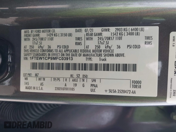 2021 Ford F-150 XL с VIN 1FTEW1CP9MFC03913, выставлен на аукционе IAAI как лот 42094145 с пробегом 58 147 миль миль и . История ставок и продаж доступна на DreamBid. Изображение 9.