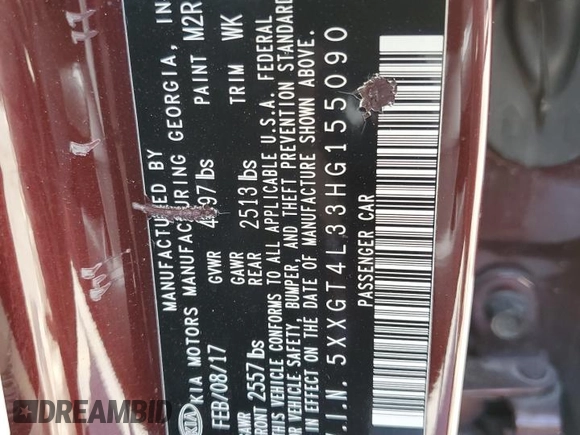 2017 Kia Optima LX z VIN 5XXGT4L33HG155090, wystawiony jako Copart lot #52758275 z przebiegiem 126 596 mil mil oraz Szkoda całkowita • Salvage title. Historia ofert i sprzedaży dostępna na DreamBid. Obrazek 12.