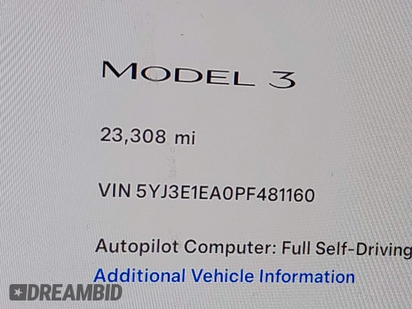 2023 Tesla Model 3 z VIN 5YJ3E1EA0PF481160, wystawiony jako IAAI lot #42704086 z przebiegiem 23 308 mil mil oraz . Historia ofert i sprzedaży dostępna na DreamBid. Obrazek 15.