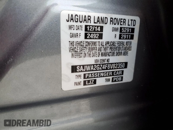 2015 Jaguar XJ with VIN SAJWA2GZ4F8V82350, listed as a Copart auction lot 83824414 with 47,767 mi miles and Salvage Title. Bid and sale history available at carsss.com. Image 12.