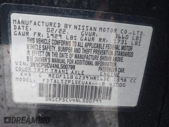 2022 Nissan Kicks SV with VIN 3N1CP5CV4NL500799, listed as a IAAI auction lot 41520212 with 59,507 mi miles. Bid and sale history available at carsss.com. Image 9.