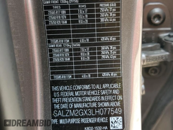 2020 Land Rover Range Rover Evoque R-Dynamic HSE with VIN SALZM2GX3LH077549, listed as a Copart auction lot 59111335 with 126,110 mi miles and Salvage title. Bid and sale history available at DreamBid. Image 13.