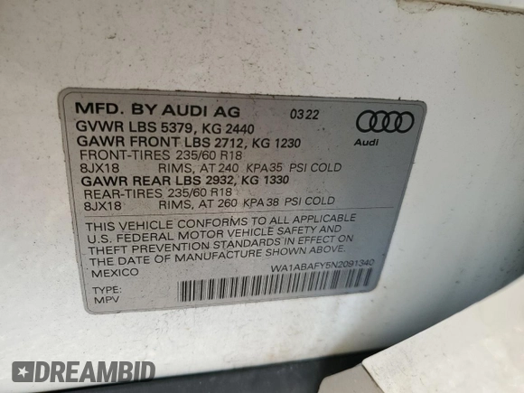 2022 Audi Q5 Premium with VIN WA1ABAFY5N2091340, listed as a Copart auction lot 81813484 with 29,658 mi miles and Salvage title. Bid and sale history available at DreamBid. Image 13.