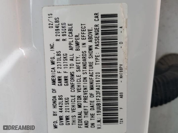 2015 Acura TLX with VIN 19UUB1F33FA016720, listed as a Copart auction lot 48022515 with 170,127 mi miles and Salvage Title. Bid and sale history available at carsss.com. Image 14.
