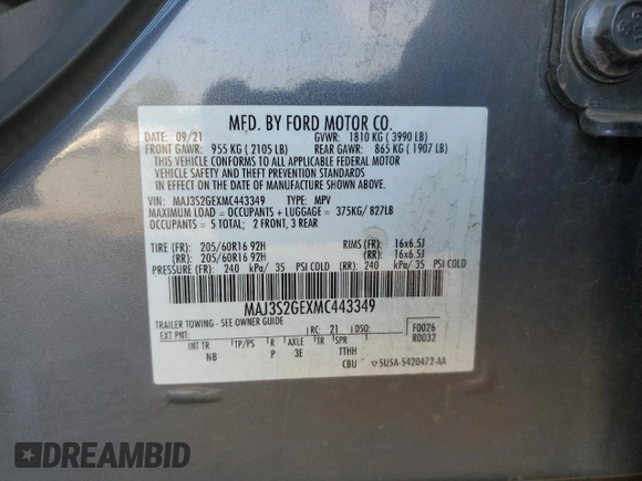 2021 Ford EcoSport SE с VIN MAJ3S2GEXMC443349, выставлен на аукционе Copart как лот 55241705 с пробегом 72 410 миль миль и Списание • Salvage title. История ставок и продаж доступна на DreamBid. Изображение 13.