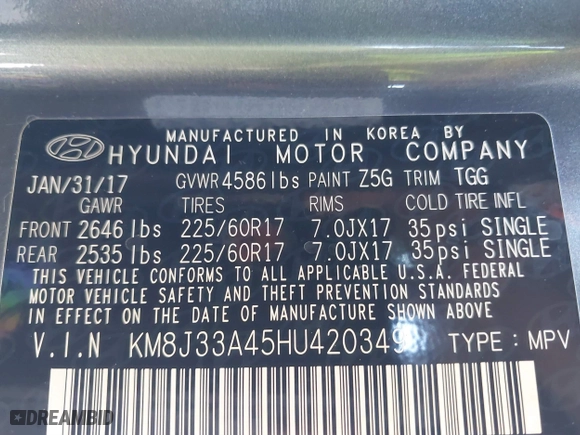2017 Hyundai Tucson SE Plus with VIN KM8J33A45HU420349, listed as a IAAI auction lot 41296190 with 77,910 mi miles. Bid and sale history available at carsss.com. Image 9.