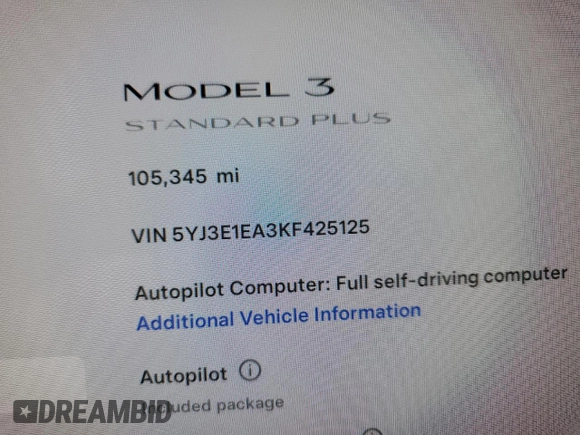 2019 Tesla Model 3 Mid Range with VIN 5YJ3E1EA3KF425125, listed as a Copart auction lot 82681864 with 105,345 mi miles and Salvage Title. Bid and sale history available at DreamBid. Image 9.