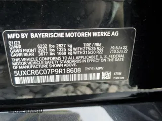 2023 BMW X5 xDrive40i with VIN 5UXCR6C07P9R18608, listed as a Copart auction lot 55911595 with Not provided miles and Salvage title. Bid and sale history available at DreamBid. Image 13.