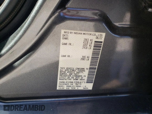 2022 Nissan Altima 2.5 SR with VIN 1N4BL4CV9NN396475, listed as a Copart auction lot 49704695 with 37,309 mi miles and Salvage Title. Bid and sale history available at carsss.com. Image 12.