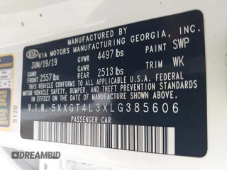 2020 Kia Optima LX with VIN 5XXGT4L3XLG385606, listed as a IAAI auction lot 42307975 with 164,000 mi miles and . Bid and sale history available at DreamBid. Image 9.