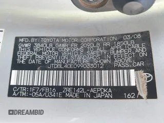 2009 Toyota Corolla z VIN JTDBL40E099033012, wystawiony jako IAAI lot #42565753 z przebiegiem 188 314 mil mil oraz . Historia ofert i sprzedaży dostępna na DreamBid. Obrazek 9.