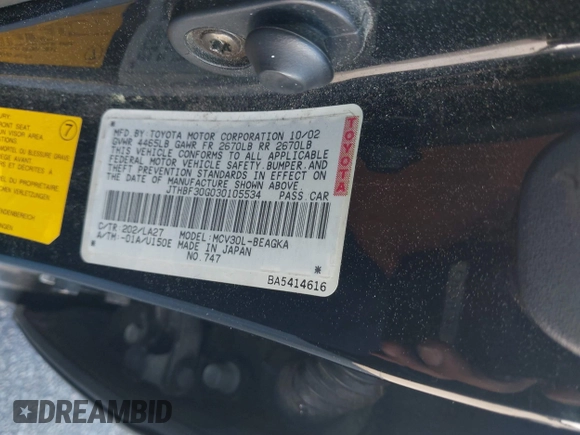 2003 Lexus ES 300 with VIN JTHBF30G030105534, listed as a IAAI auction lot 42127102 with 310,949 mi miles and . Bid and sale history available at DreamBid. Image 9.