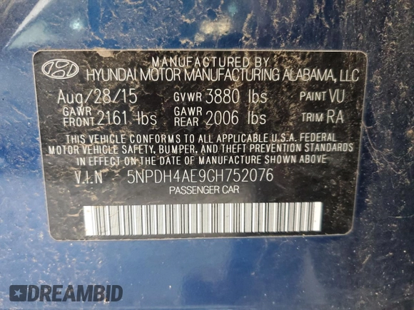 2016 Hyundai Elantra SE with VIN 5NPDH4AE9GH752076, listed as a Copart auction lot 53437545 with 117,971 mi miles and Clean Title. Bid and sale history available at DreamBid. Image 12.