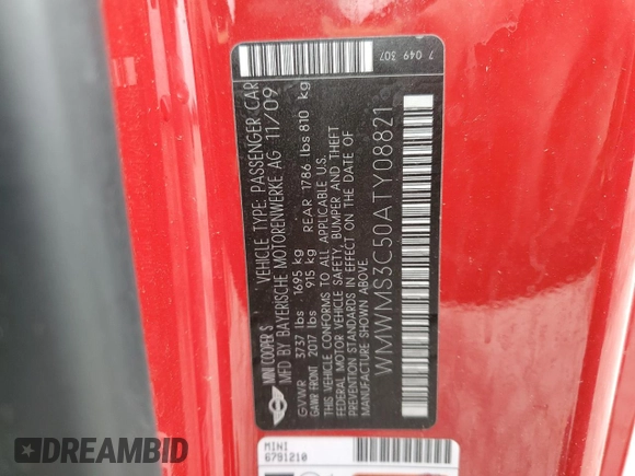2010 MINI Convertible S with VIN WMWMS3C50ATY08821, listed as a Copart auction lot 53547595 with 54,438 mi miles and Salvage title. Bid and sale history available at DreamBid. Image 14.