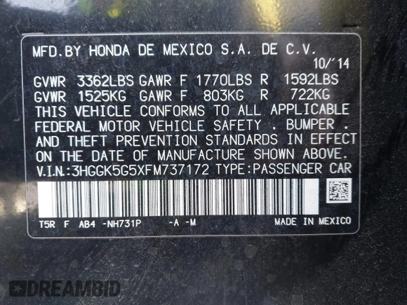 2015 Honda Fit LX with VIN 3HGGK5G5XFM737172, listed as a IAAI auction lot 42053332 with 80,690 mi miles. Bid and sale history available at carsss.com. Image 9.
