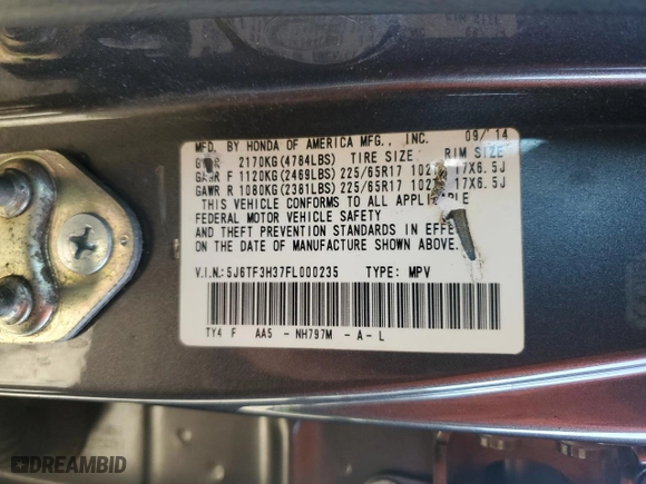 2015 Honda Crosstour EX with VIN 5J6TF3H37FL000235, listed as a Copart auction lot 47639685 with 171,739 mi miles and Salvage Title. Bid and sale history available at carsss.com. Image 12.