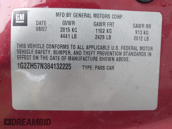 2008 Pontiac G6 GT with VIN 1G2ZH57N384132225, listed as a IAAI auction lot 42108854 with 218,666 mi miles and . Bid and sale history available at DreamBid. Image 9.
