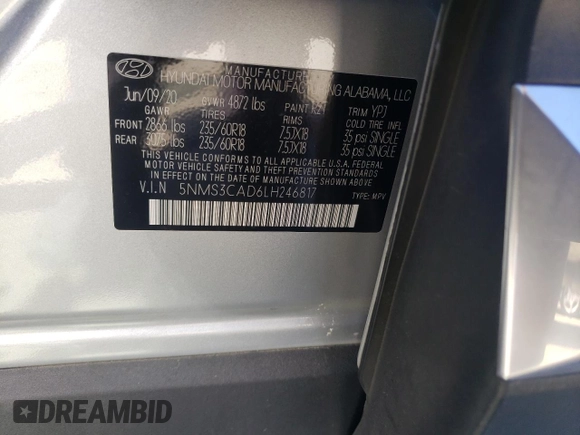2020 Hyundai Santa Fe SEL with VIN 5NMS3CAD6LH246817, listed as a Copart auction lot 47855775 with 30,473 mi miles and Salvage Title. Bid and sale history available at carsss.com. Image 13.