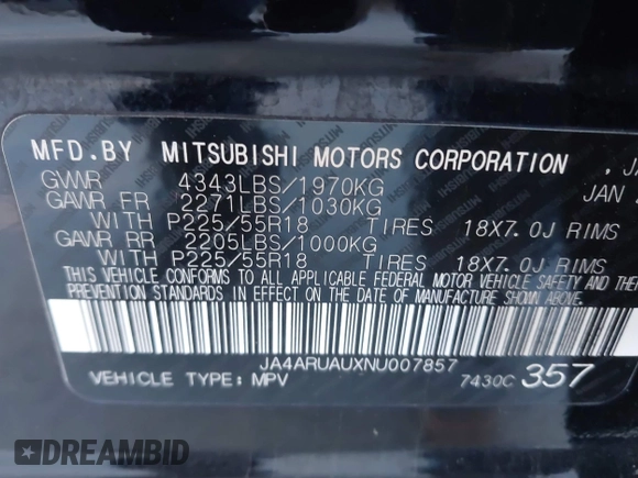 2022 Mitsubishi Outlander Sport ES with VIN JA4ARUAUXNU007857, listed as a IAAI auction lot 41377573 with 42,171 mi miles. Bid and sale history available at carsss.com. Image 9.