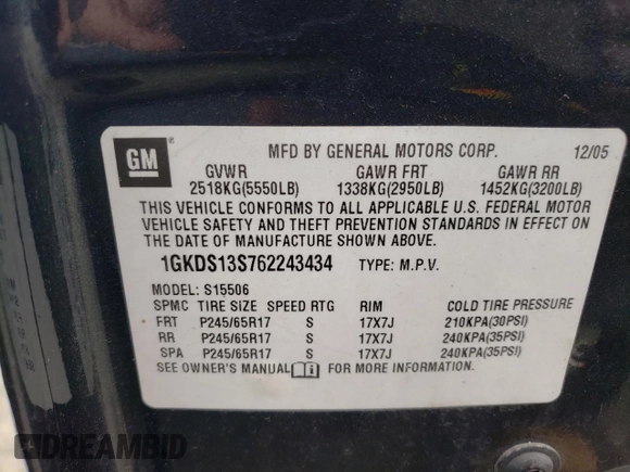 2006 GMC Envoy SLE with VIN 1GKDS13S762243434, listed as a Copart auction lot 49508625 with 192,860 mi miles and Salvage Title. Bid and sale history available at carsss.com. Image 13.